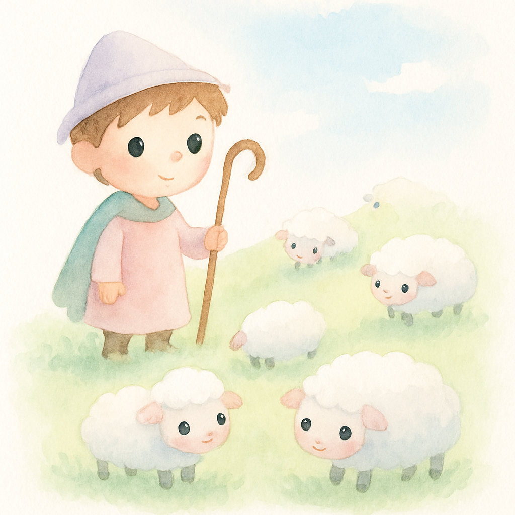 양치기 소년이 산 위에서 하얀 양들을 돌보는 평화로운 장면